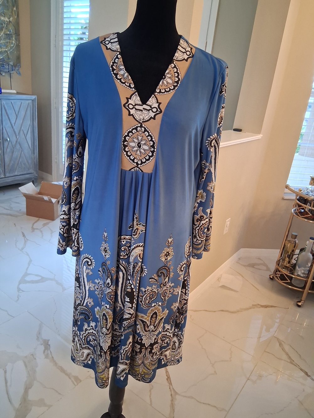 Adore Blue Paisley-Print V-Neck Long Sleeve Dress with Cream Accents